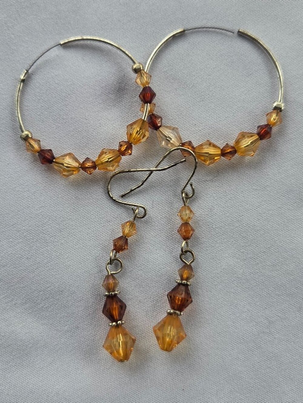 Vintage Style Amber Crystal Beaded Earring Set Hoop Dangle Drop Brown Glass Lot